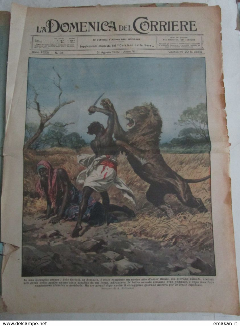 # DOMENICA DEL CORRIERE N 35 / 1930  SOLO COPERTINA / LEONE CONTRO GIOVANE IN SOMALIA - Prime Edizioni