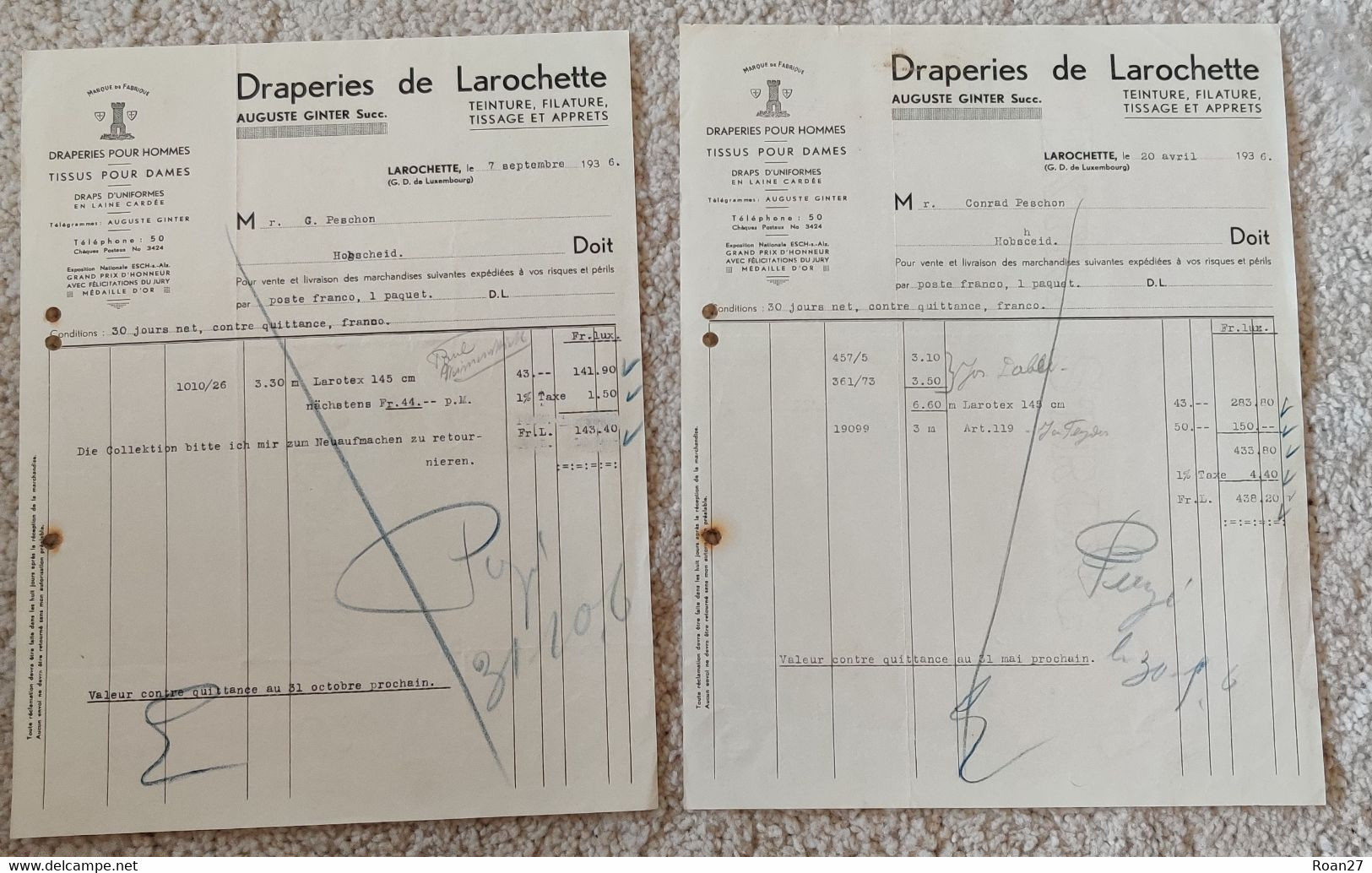 Luxembourg - 2 Factures - Draperie De Larochette 1936 - Luxembourg