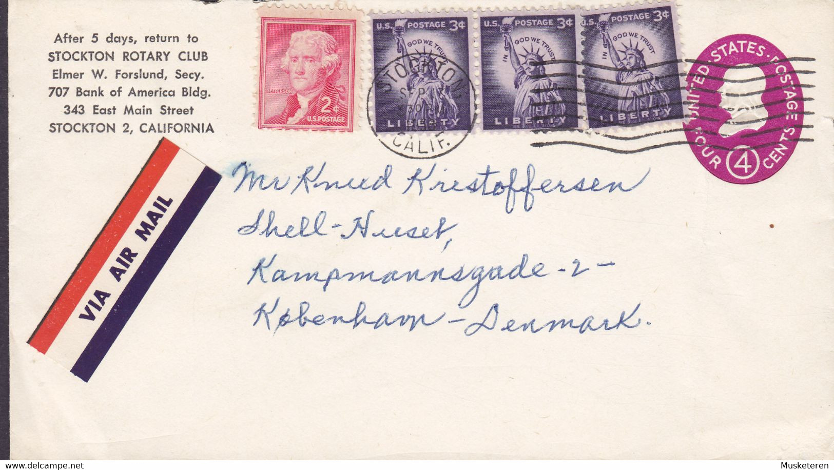 United States Via Air Mail Label Uprated Postal Stationery Ganzsache PRIVATE Print STOCTON ROTARY CLUB 1963 Denmark - 1961-80