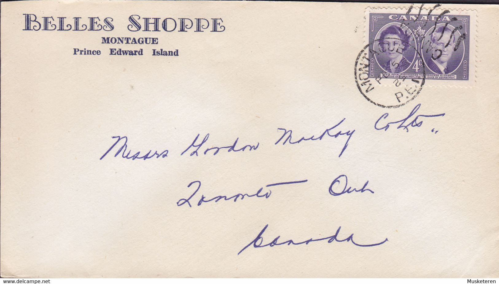 Canada BELLES SHOPPE, MONTAGUE Prince Edward Island 1952 (Inverted Year In Cancel) Cover Lettre Mi. 270 Timbre - Errors, Freaks & Oddities (EFO)