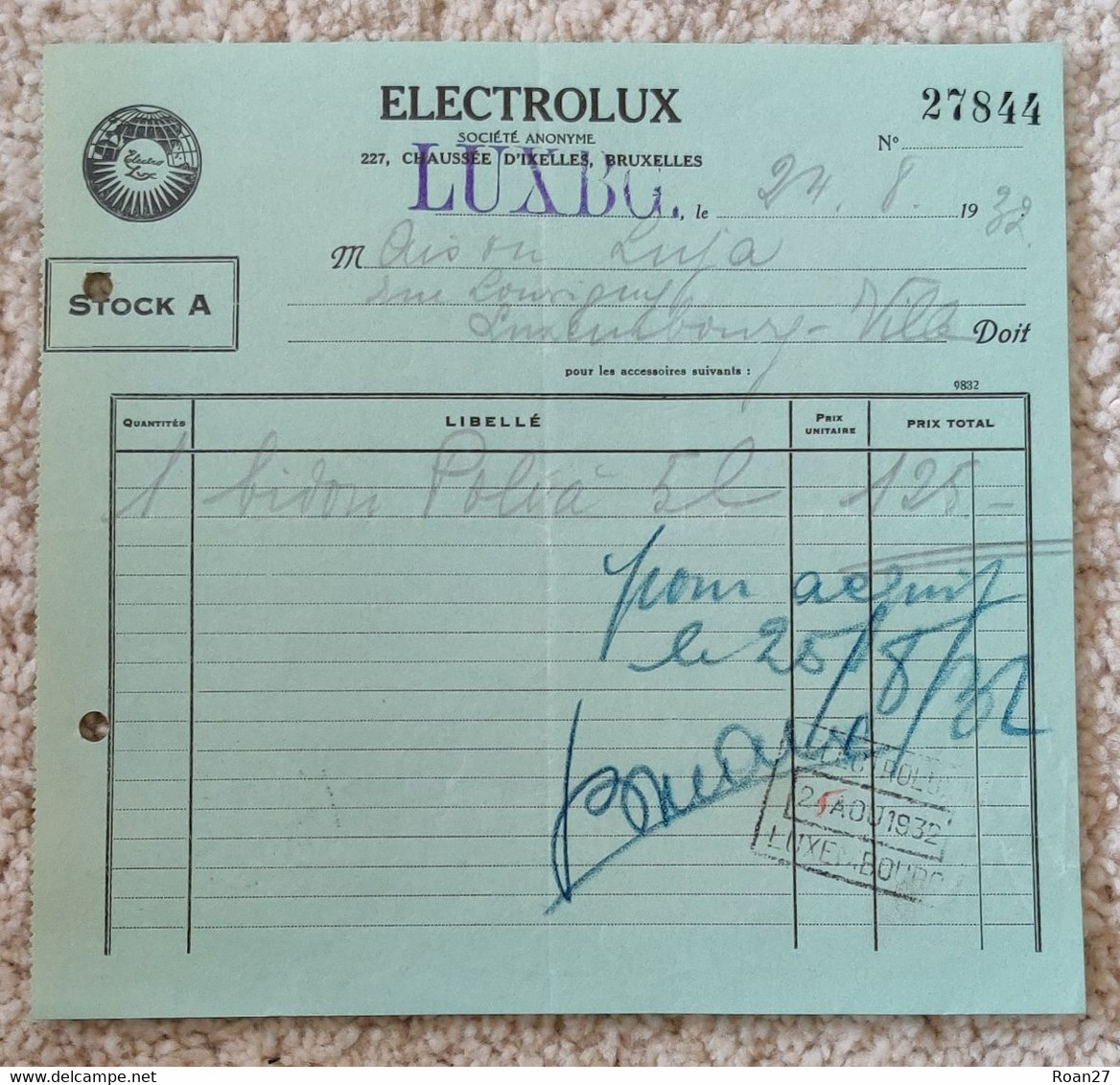 Luxembourg - Facture - Electrolux 1932 - Luxembourg