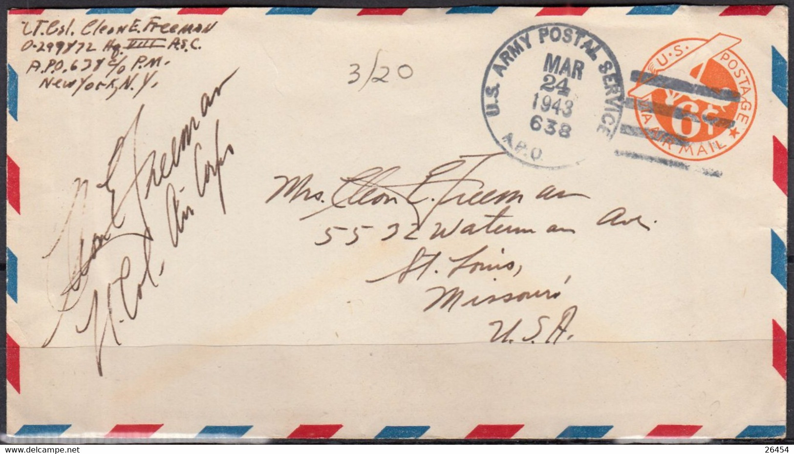 U.S.A. Militaria Lot De 3 Enveloppes Sur Entier 6c Année 1943  Du Lt.Col Cleon .E.FREEMAN N.Y. Pour ST LOUIS  Missouri - 1941-60