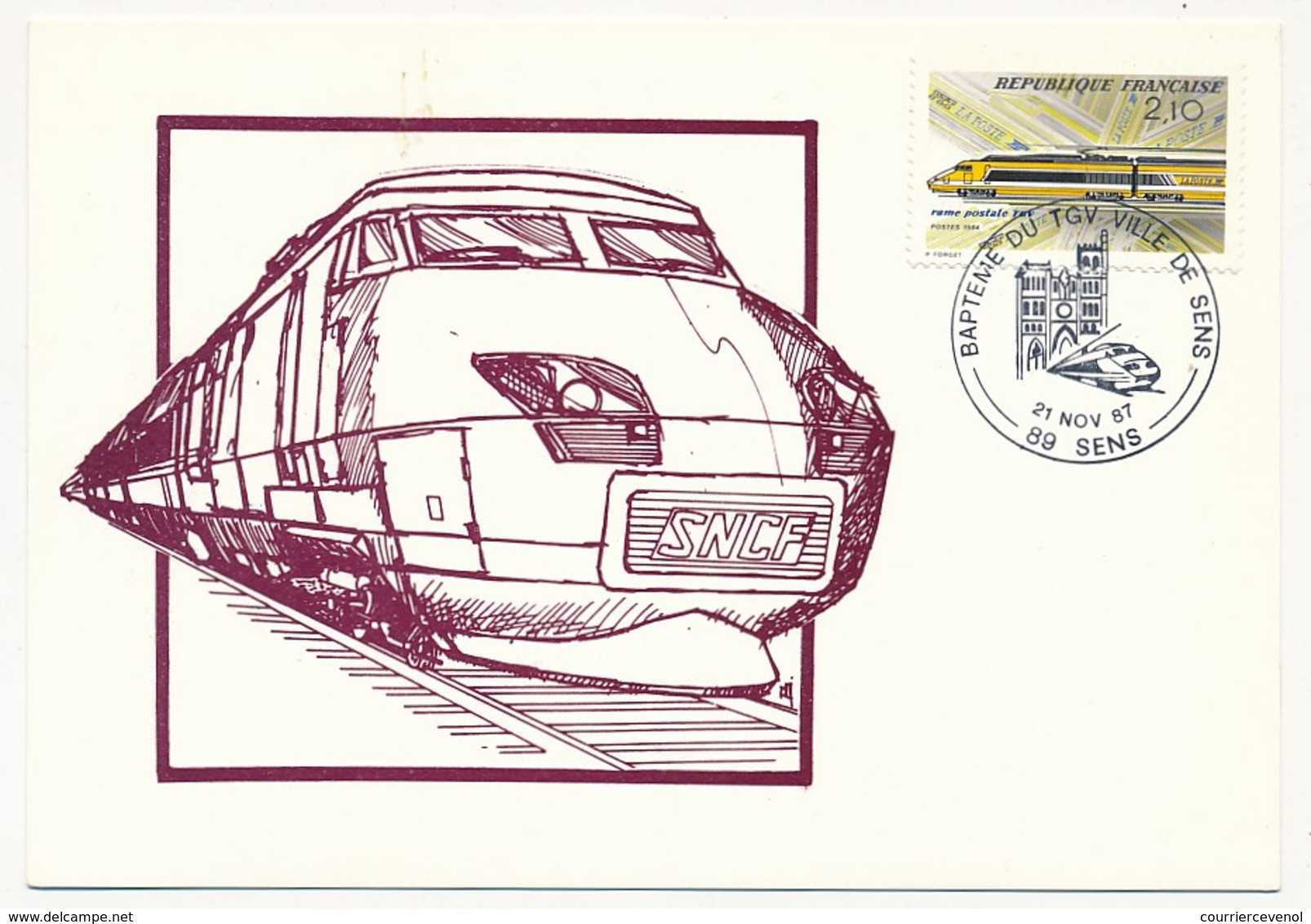 FRANCE - Carte - 2,10F TGV Postal - Cachet Temporaire Baptème Du TGV Ville De Sens -89 SENS 1987 - Eisenbahnen