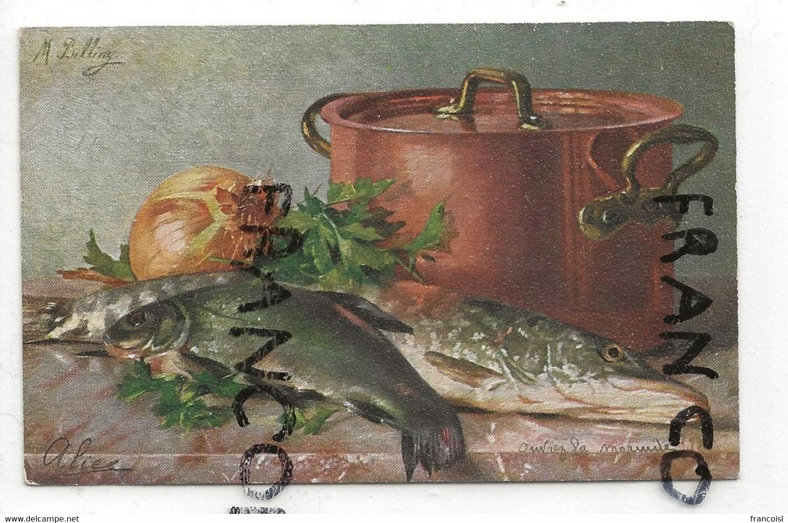 CPA. Nature Morte. Marmite En Cuivre, Poissons, Oignon. Signée M. Billing (1905 ?) - Billing, M.