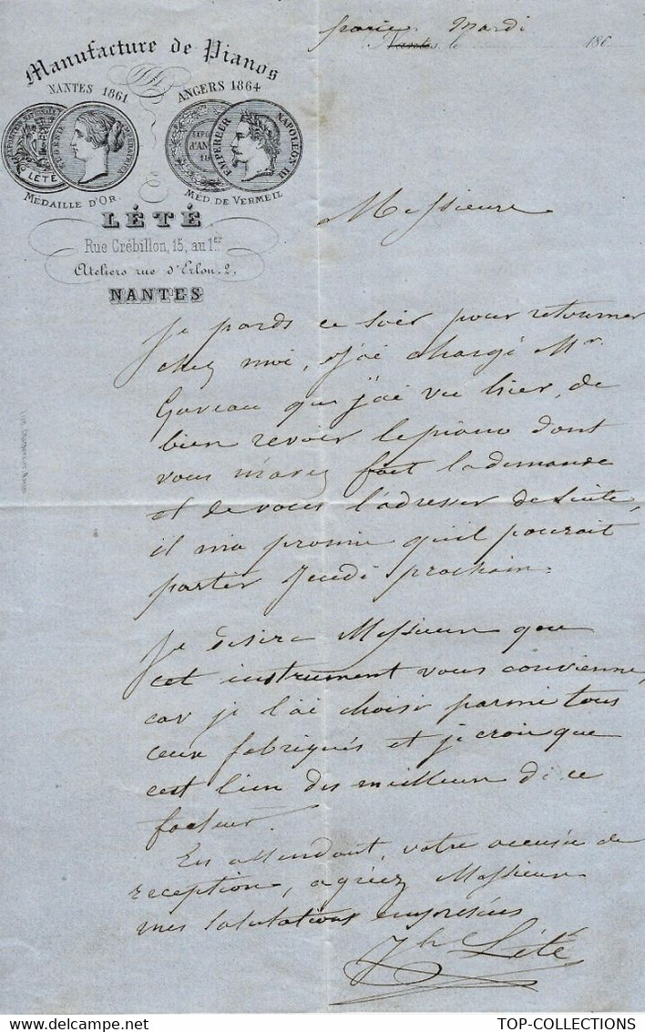 1865 ENTETE Lété MANUFACTURE DE PIANOS à NANTES Loire Atlantique  Concerne Piano Gaveau - 1800 – 1899
