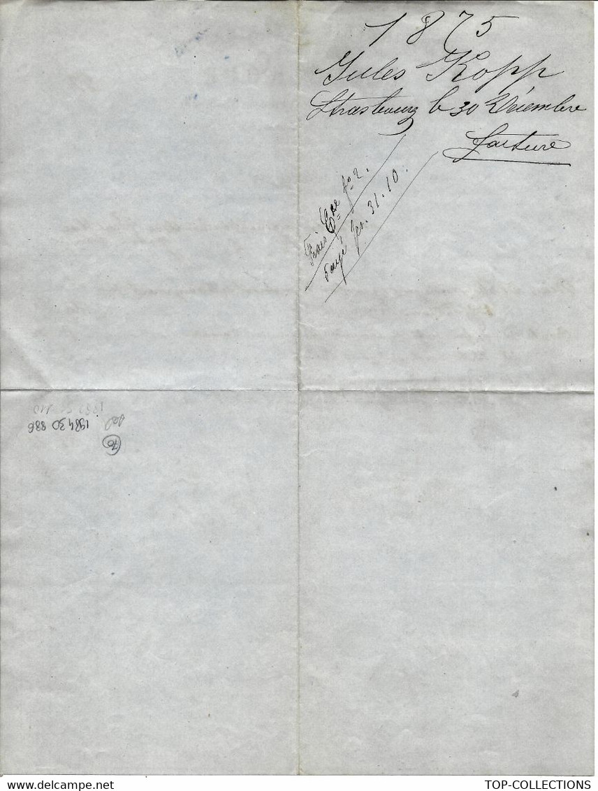 1875 INFIRMERIE JULES KOPP à Strasbourg Bas Rhin  ENTETE Pour Muller Houblons Strasbourg VOIR SCANS+HISTORIQUE - 1800 – 1899