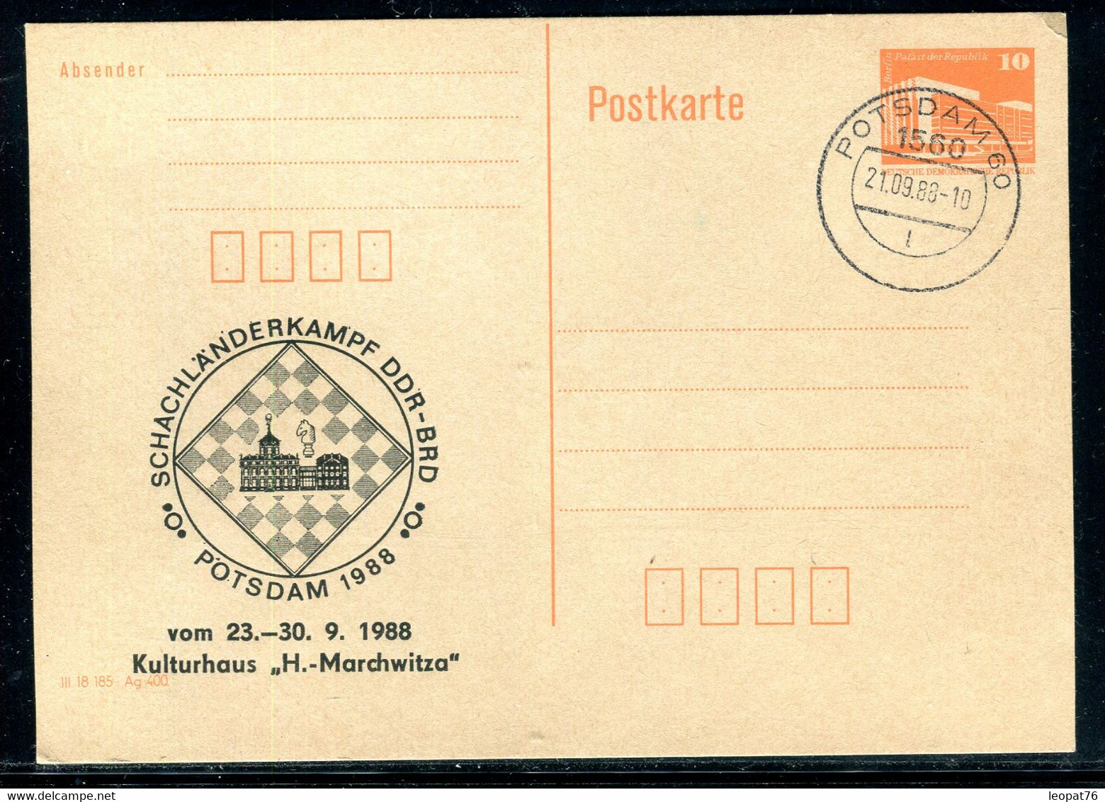Allemagne - Cachet Sur Jeux D’Échecs Sur Entier Postal De Postdam En 1988 -  F 192 - Cartoline - Usati