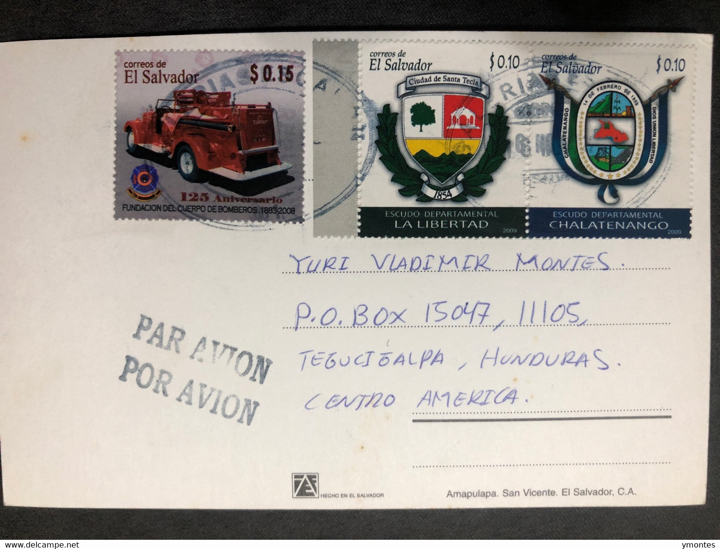 Postcard Amapulapa , San Vicente 2012 ( Firefighter Car Stamps) - El Salvador