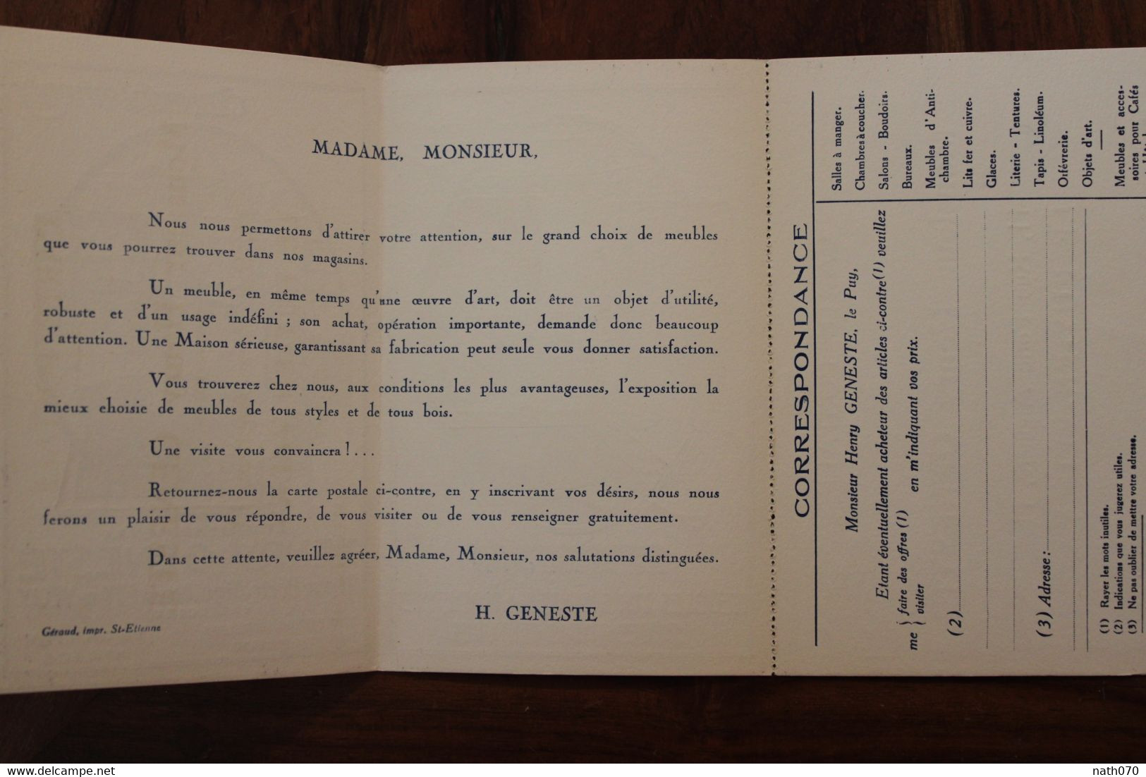 1930's CPA Ak Publicité Illustrateur Ameublements Henry Geneste Le Puy En Velay - Publicité