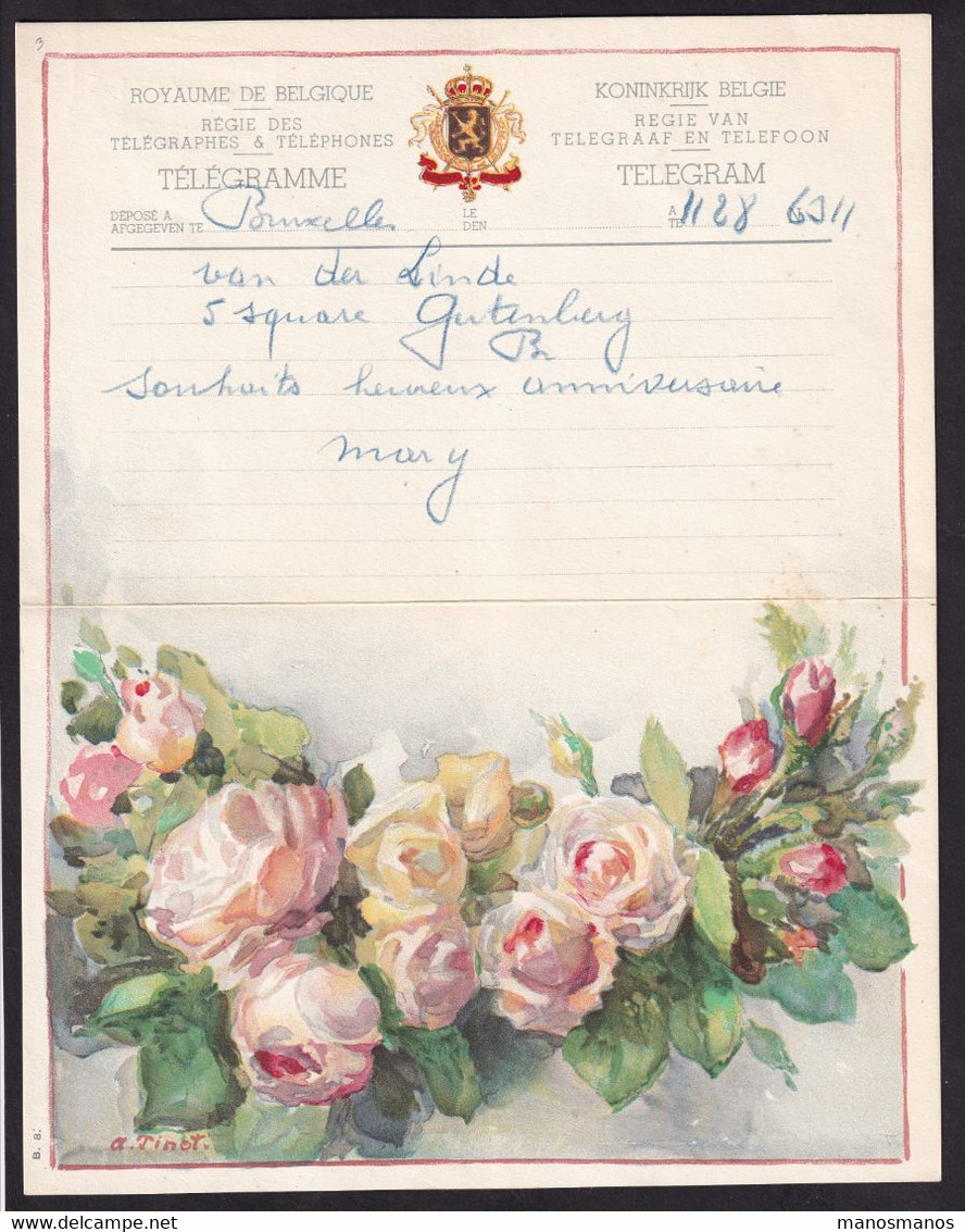996/36 - Télégramme De Luxe + Son Enveloppe - Au Verso Cachet Télégraphique BRUXELLES - CH.LOUVAIN 1934 - Telegrammi