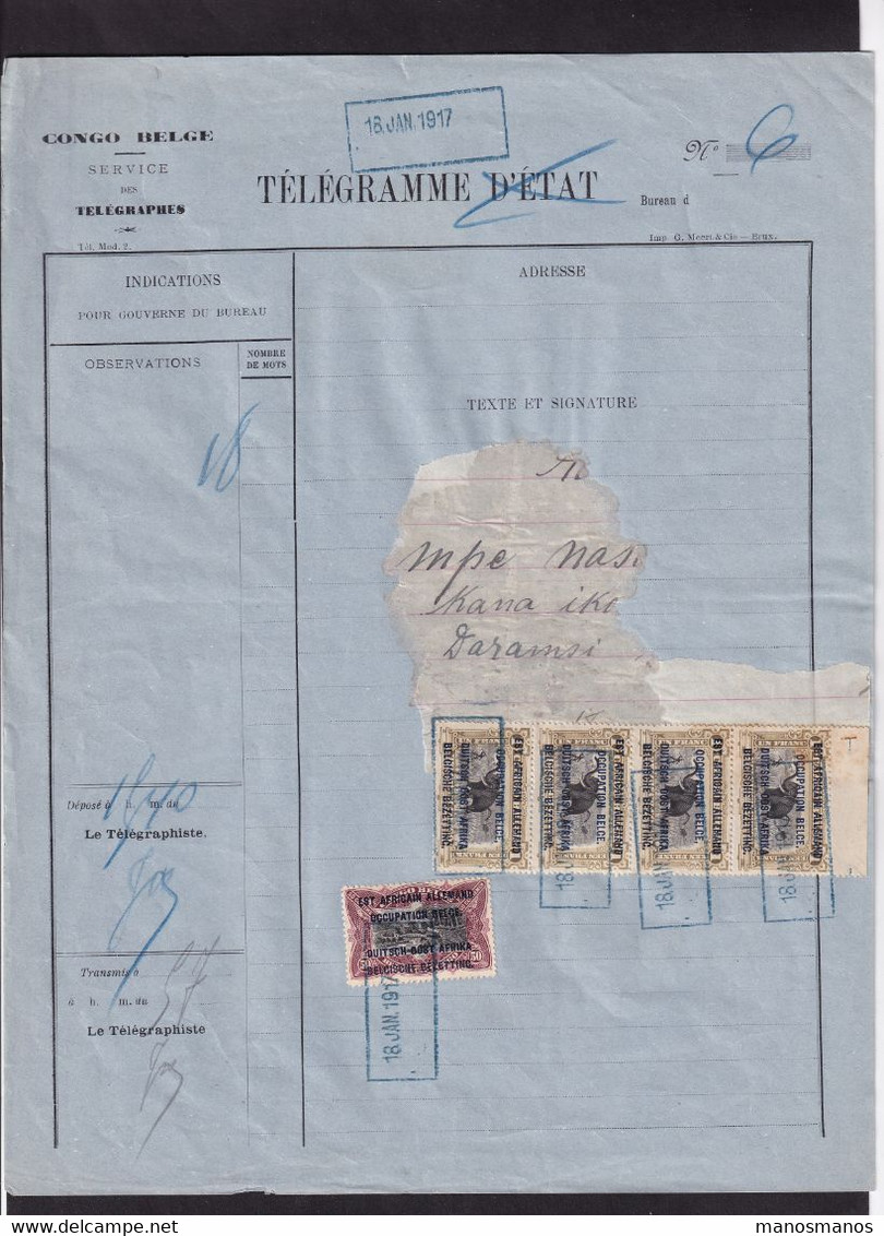 998/36 - Formule De Télégramme D' Etat TP Est Africain - Annulation Cachet Dateur Encadré 18 JAN 1917 , NON CENSURE - Gebraucht