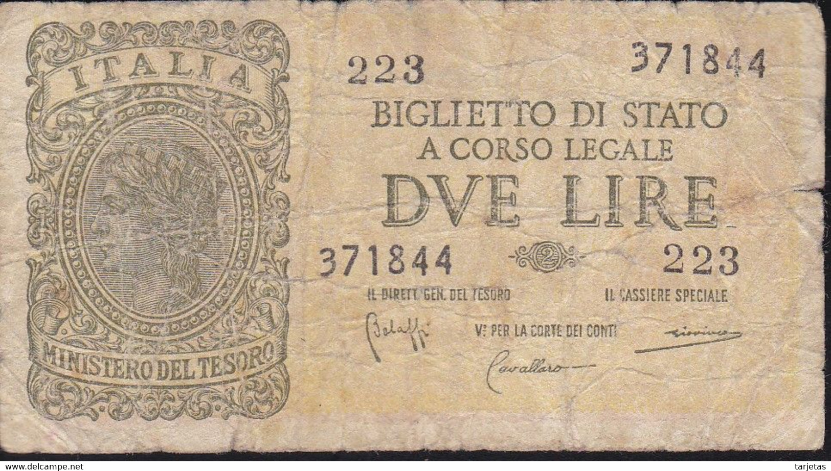 BILLETE DE ITALIA DE 2 LIRE BIGLIETO DI STATO DEL AÑO 1944  (BANKNOTE) - Italië – 2 Lire