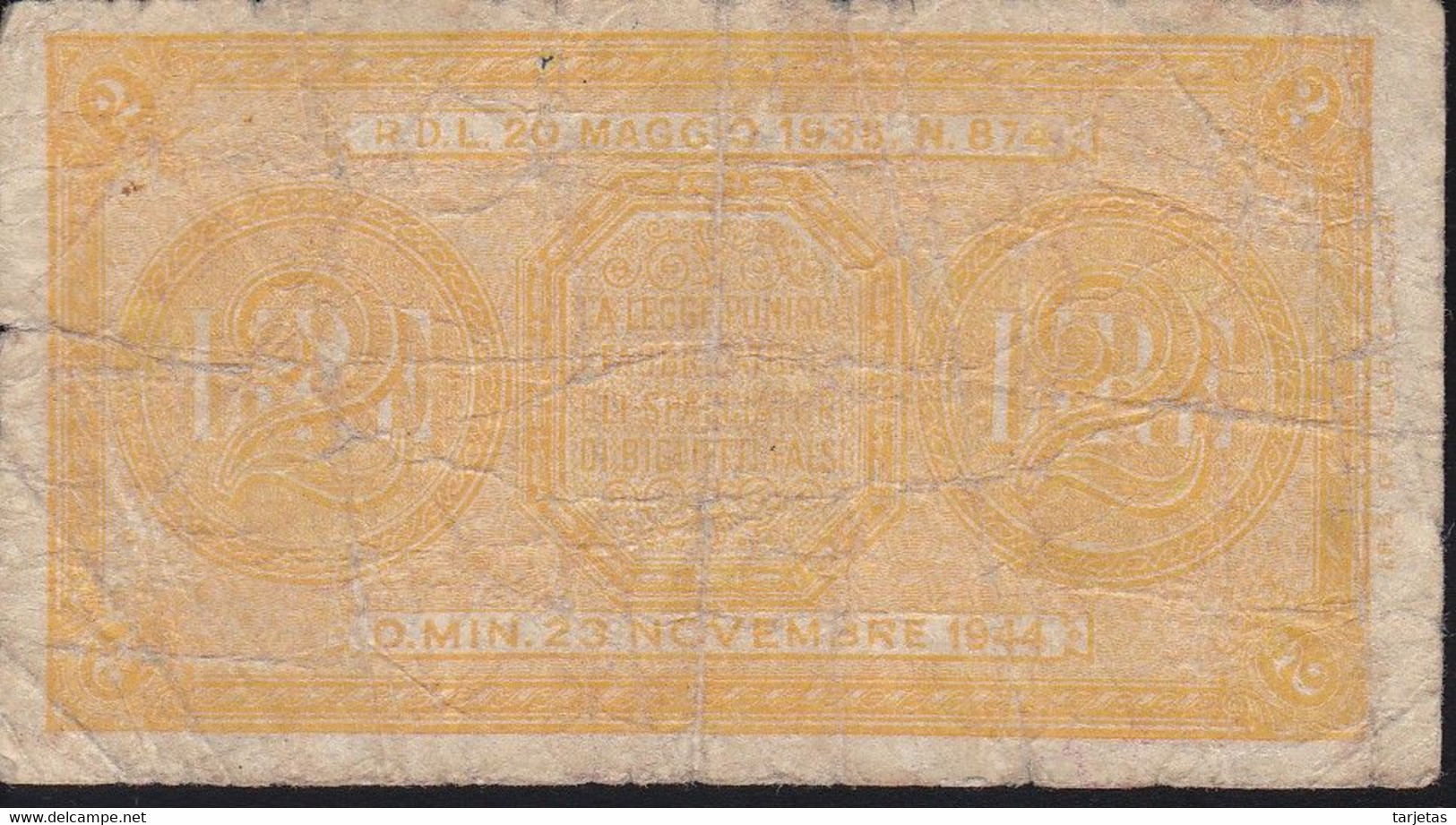 BILLETE DE ITALIA DE 2 LIRE BIGLIETO DI STATO DEL AÑO 1944  (BANKNOTE) - Italia – 2 Lire