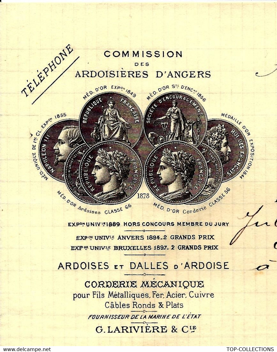 1899 ENTETE LETTRE COMMISSION DES ARDOISIERES  D ANGERS ARDOISES DALLES CORDERIE Pour Guillot Architecte Privas V.HIST. - 1800 – 1899