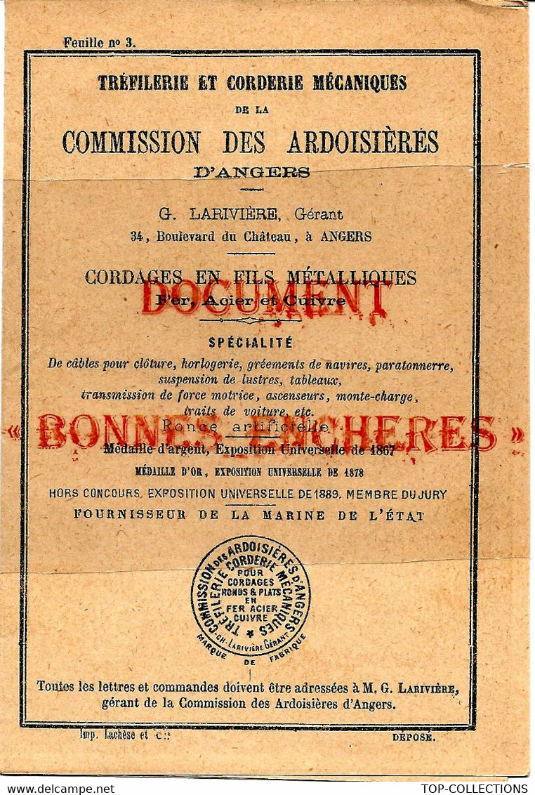 1899 COMMISSION DES ARDOISIERES  D ANGERS ARDOISES DALLES CORDERIE  TARIFS - 1800 – 1899