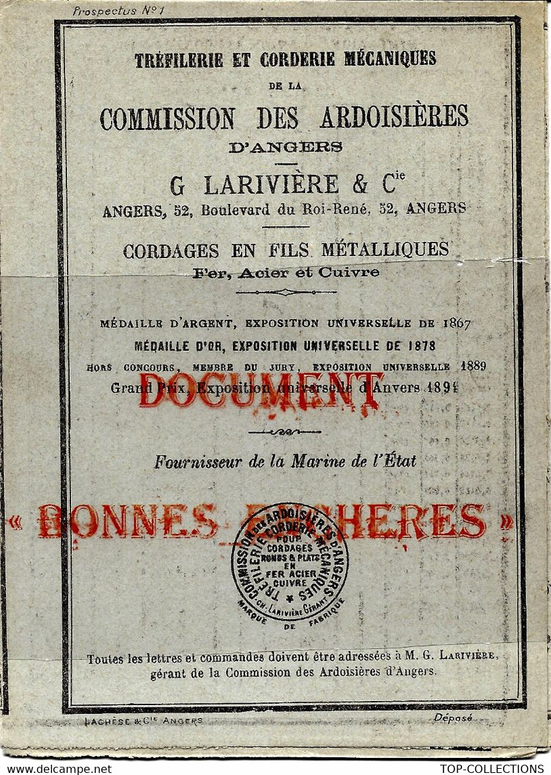 1899 COMMISSION DES ARDOISIERES  D ANGERS ARDOISES DALLES CORDERIE  TARIFS - 1800 – 1899