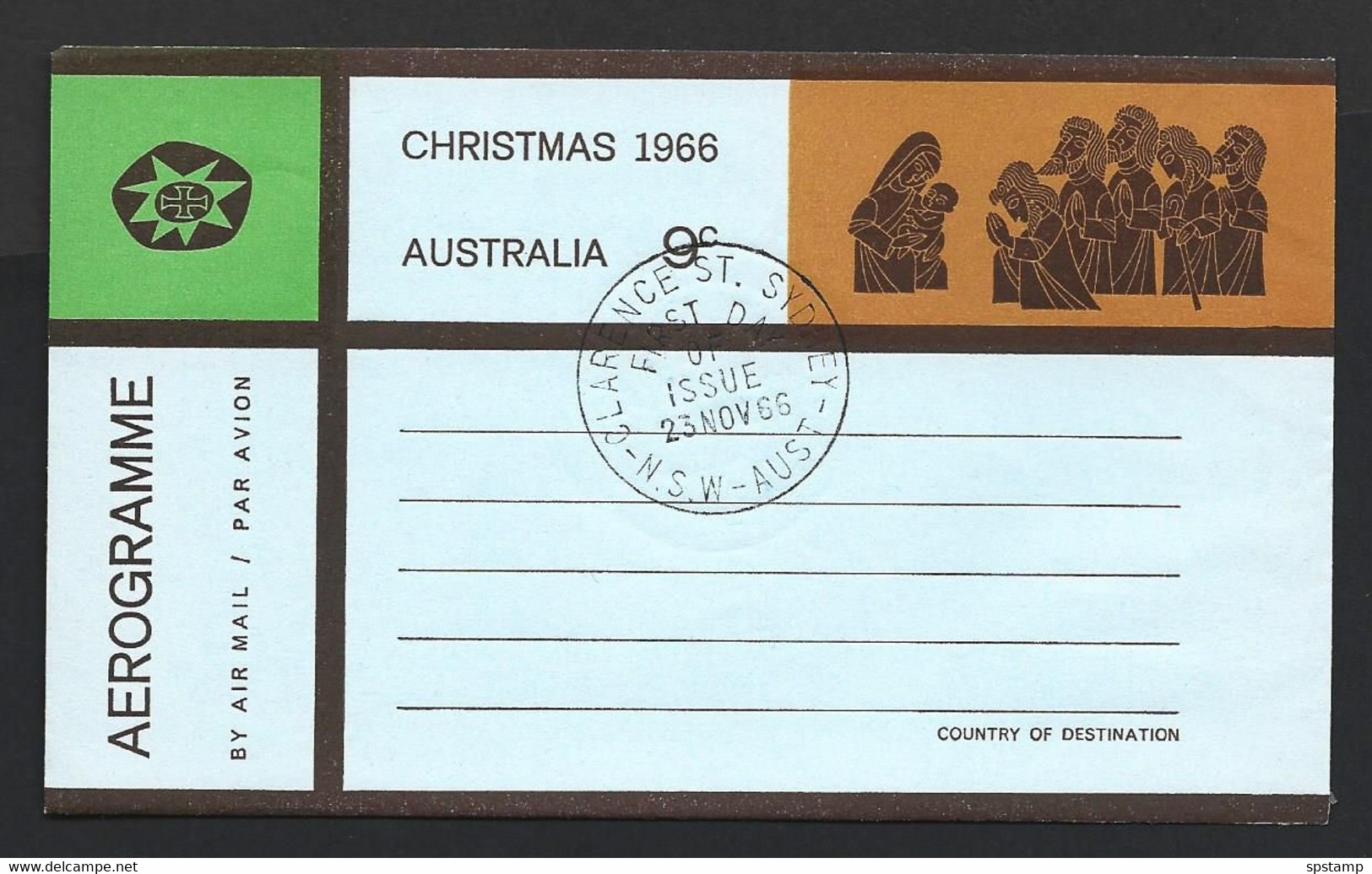 Australia 1966 10c Christmas Aerogramme FU Clarence Street FDI Cds - Aérogrammes