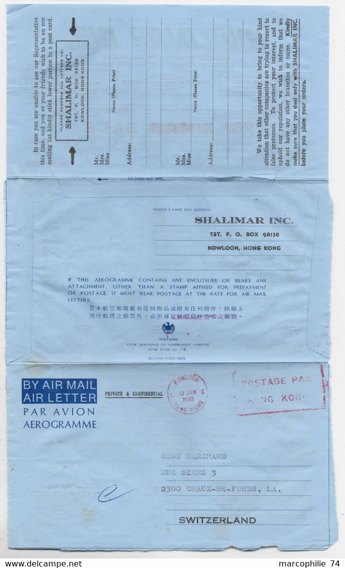 HONG KONG LETTRE AIR MAIL LETTER AEROGRAMME AVION MEC ROUGE RED KOWLOON 17 JAN 1980 POSTAGE PAID REPIQUAGE SHALIMAR - Entiers Postaux