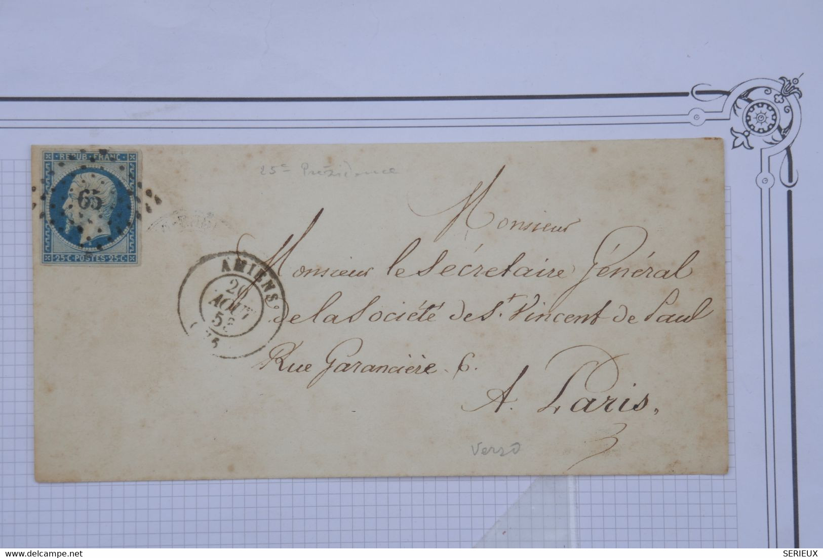 AW18 FRANCE  BELLE LETTRE  1858  AMIENS   POUR  PARIS + N°10 +AFFRANC..INTERESSANT - 1852 Louis-Napoleon
