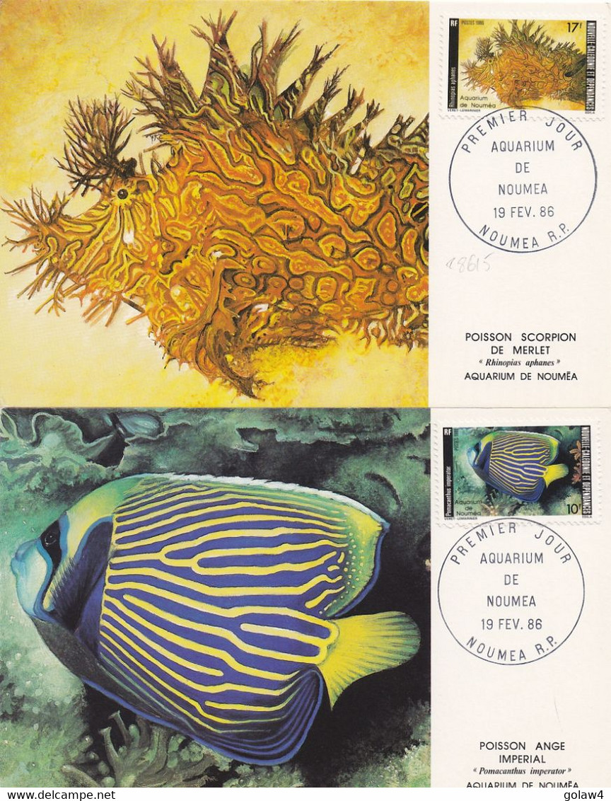 28615# NOUVELLE CALEDONIE 2 CARTES POSTALES PREMIER JOUR AQUARIUM DE NOUMEA 1986 POISSON ANGE IMPERIAL SCORPION MERLET - Maximum Cards