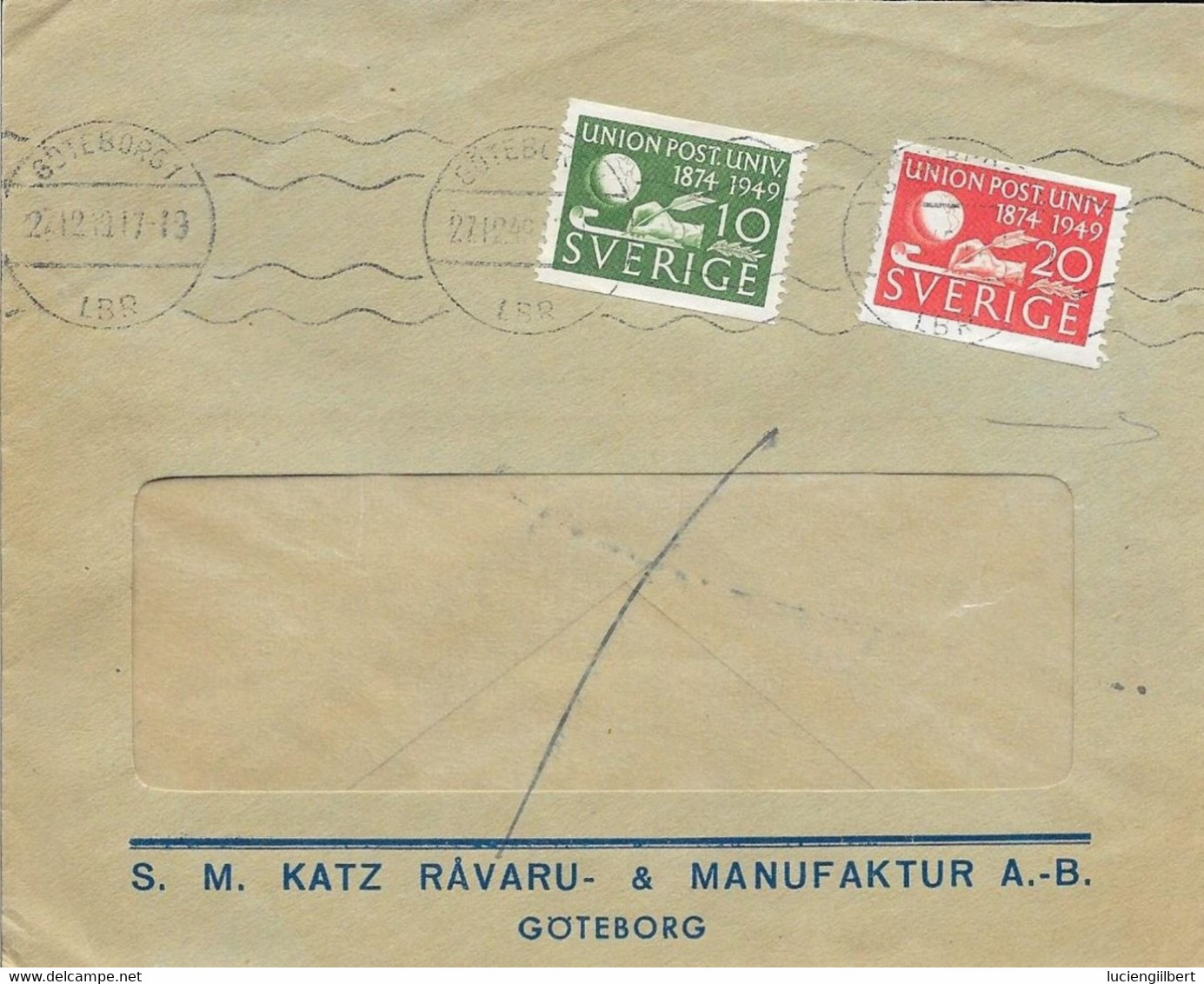 SUEDE - GOTEBORG -  FLAMME KRAG -  1949  - TIMBRES N° 352 / 353 - SUR ENVELOPPE S.M. KATZ RAVARU & MANUFAKTUR AB - 1930- ... Rouleaux II