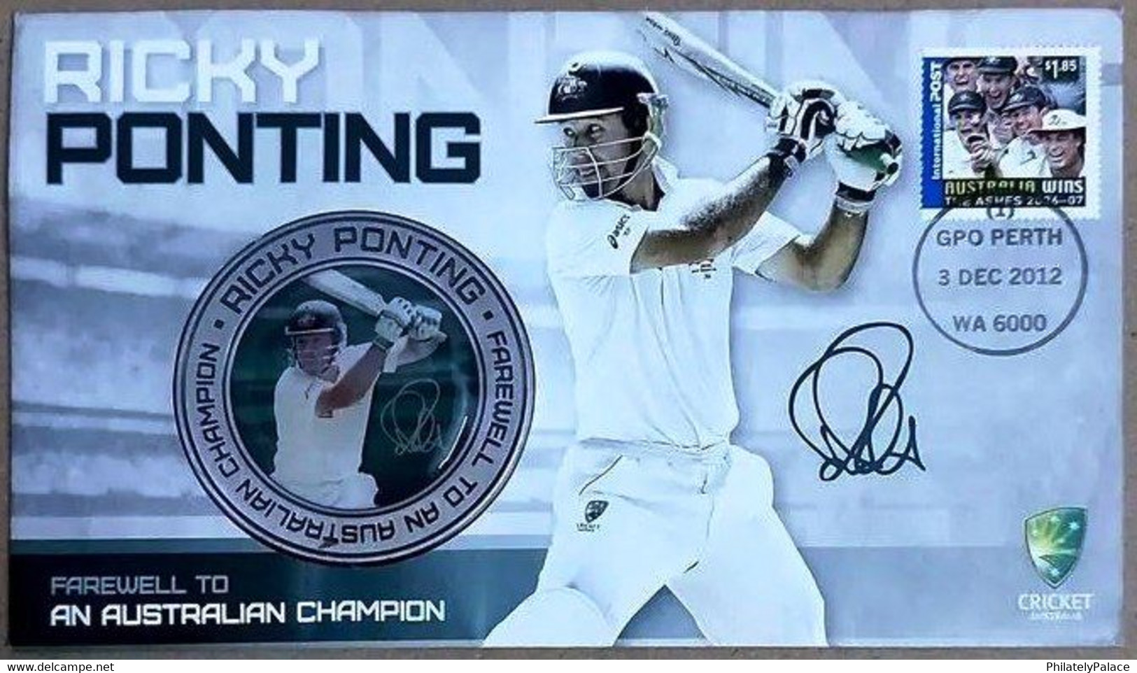Australia 2012 Cricket Sport - Ricky Pointing Medallion + FDC  - Signed / Autograph By Ricky Pointing RARE (**) - Storia Postale