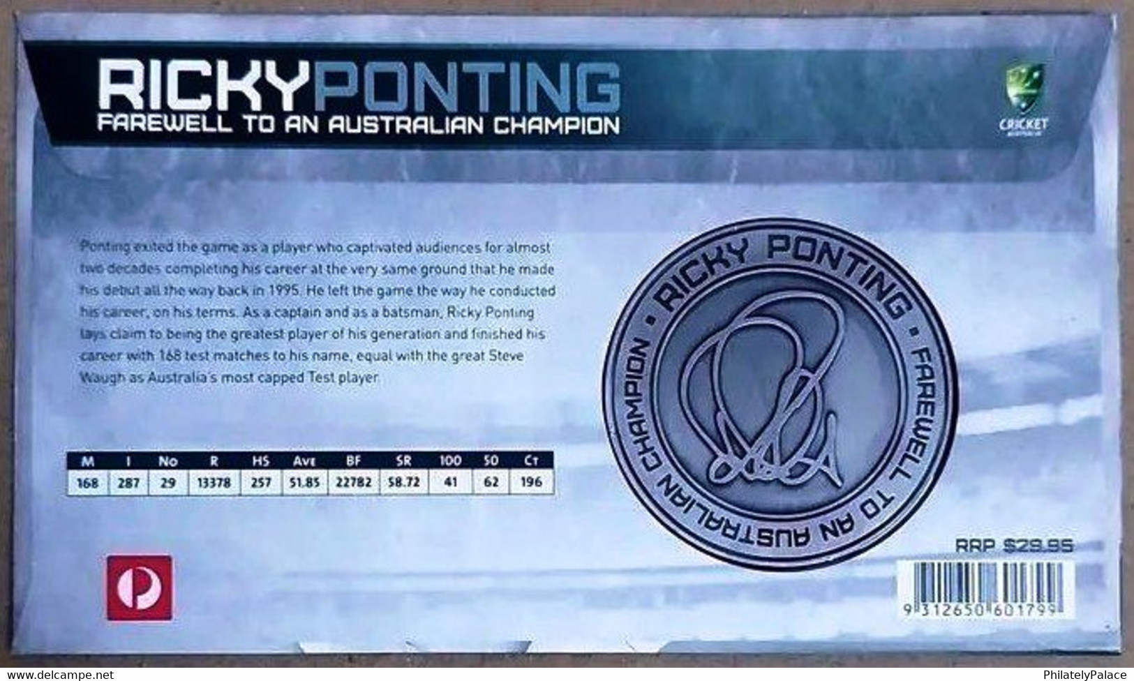 Australia 2012 Cricket Sport - Ricky Pointing Medallion + FDC  - Signed / Autograph By Ricky Pointing RARE (**) - Covers & Documents