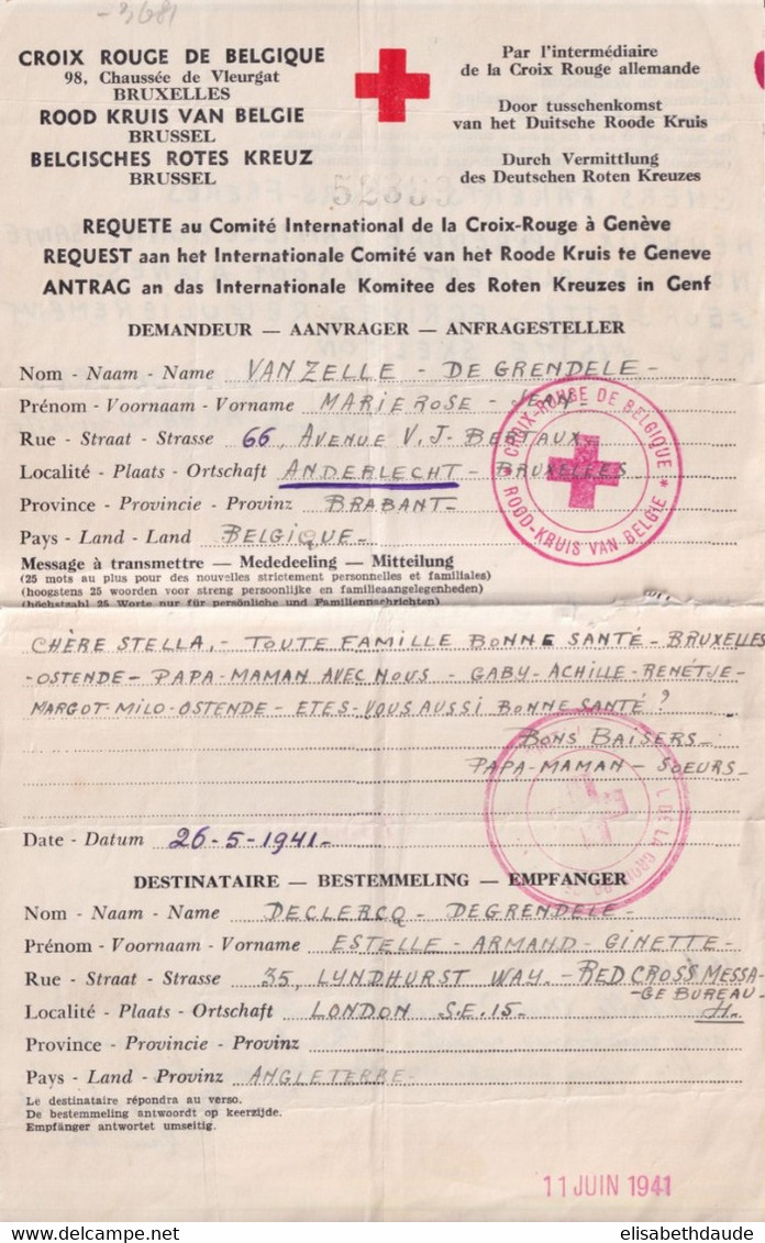 1941 - CROIX-ROUGE CORRESPONDANCE BELGIQUE => ANGLETERRE !! Via GENEVE - CENSURES - Guerre 40-45 (Lettres & Documents)