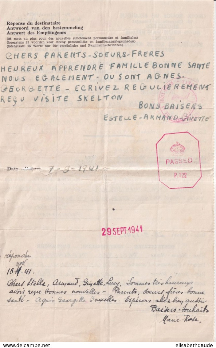 1941 - CROIX-ROUGE CORRESPONDANCE BELGIQUE => ANGLETERRE !! Via GENEVE - CENSURES - Weltkrieg 1939-45 (Briefe U. Dokumente)