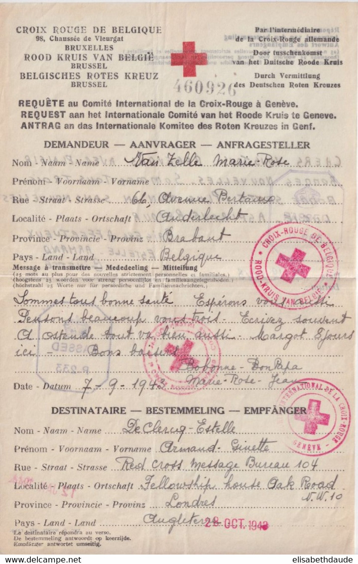 1943 - CROIX-ROUGE CORRESPONDANCE BELGIQUE => ANGLETERRE !! Via GENEVE - CENSURES - Guerre 40-45 (Lettres & Documents)