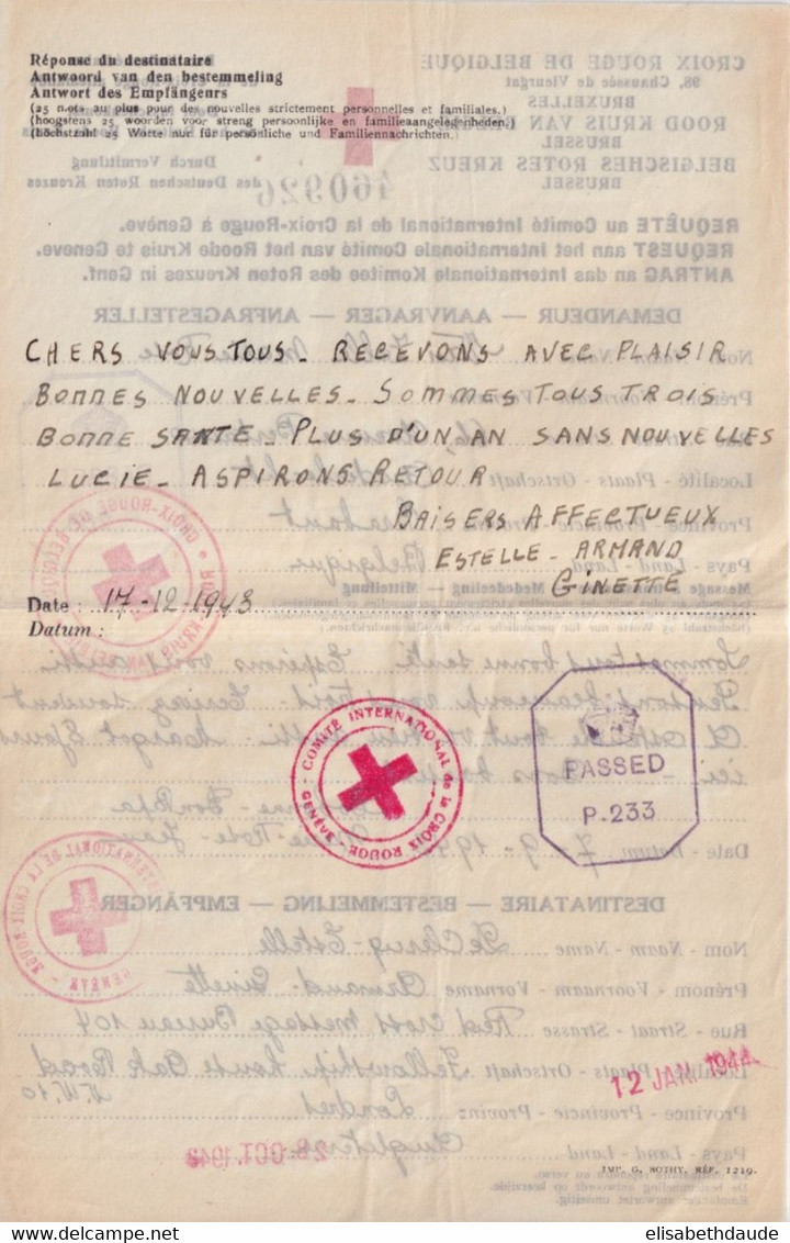 1943 - CROIX-ROUGE CORRESPONDANCE BELGIQUE => ANGLETERRE !! Via GENEVE - CENSURES - Weltkrieg 1939-45 (Briefe U. Dokumente)