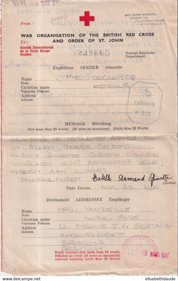 1943 - CROIX-ROUGE CORRESPONDANCE ANGLETERRE => BELGIQUE !! Via GENEVE - CENSURES - WW II (Covers & Documents)