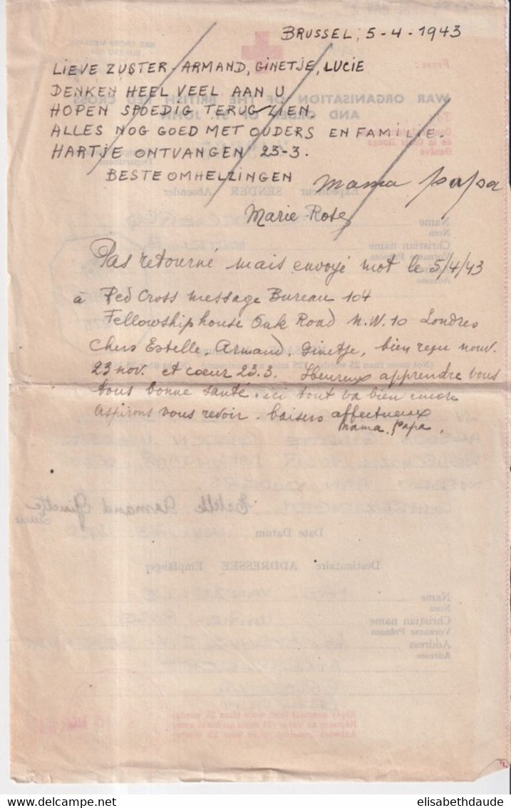 1943 - CROIX-ROUGE CORRESPONDANCE ANGLETERRE => BELGIQUE !! Via GENEVE - CENSURES - Guerre 40-45 (Lettres & Documents)