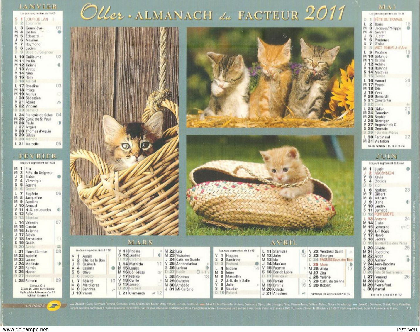 ALMANACH DES P.T.T. 2011 CALENDRIER CHARENTE MARITIME CHATS - Grand Format : 2001-...