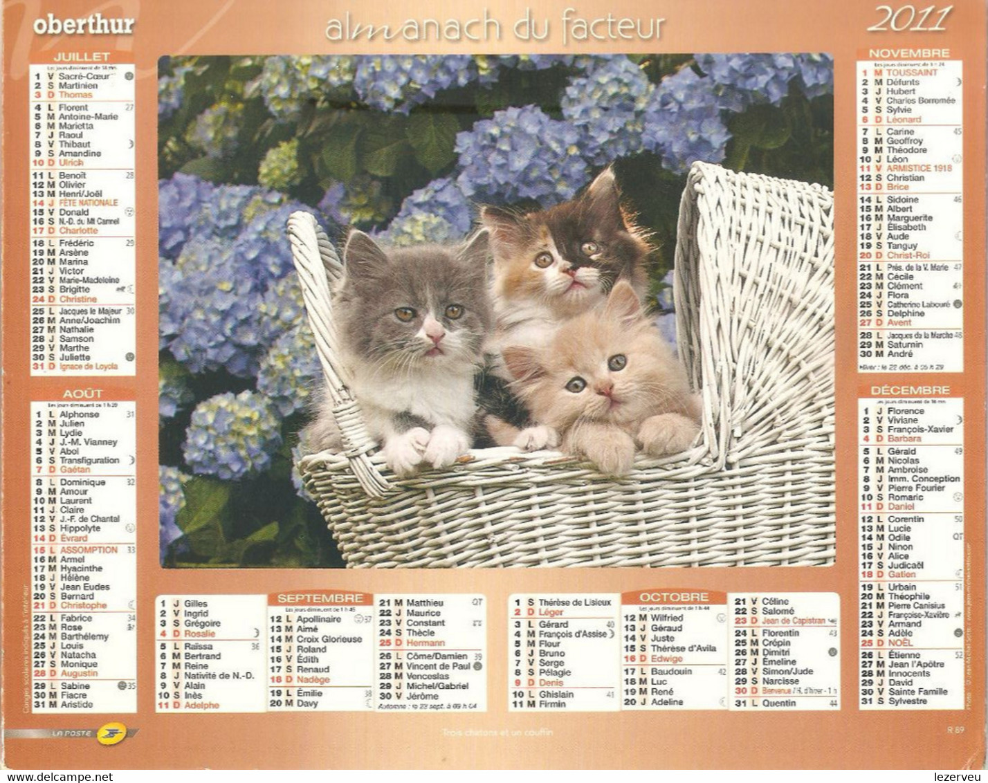 ALMANACH DES P.T.T. 2011 CALENDRIER CHARENTE MARITIME CHATS - Grand Format : 2001-...