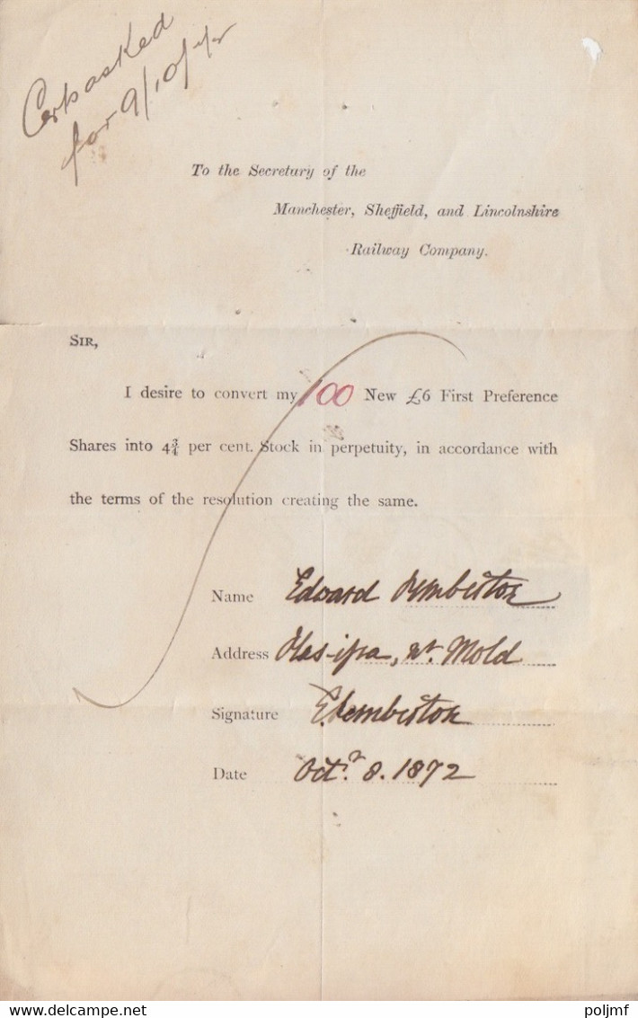 Lettre Pré-imprimée De La Railway Company Obl. Manchester Le 17 AU 72 Sur N° 49 1/2p Rouge-carminé - Briefe U. Dokumente