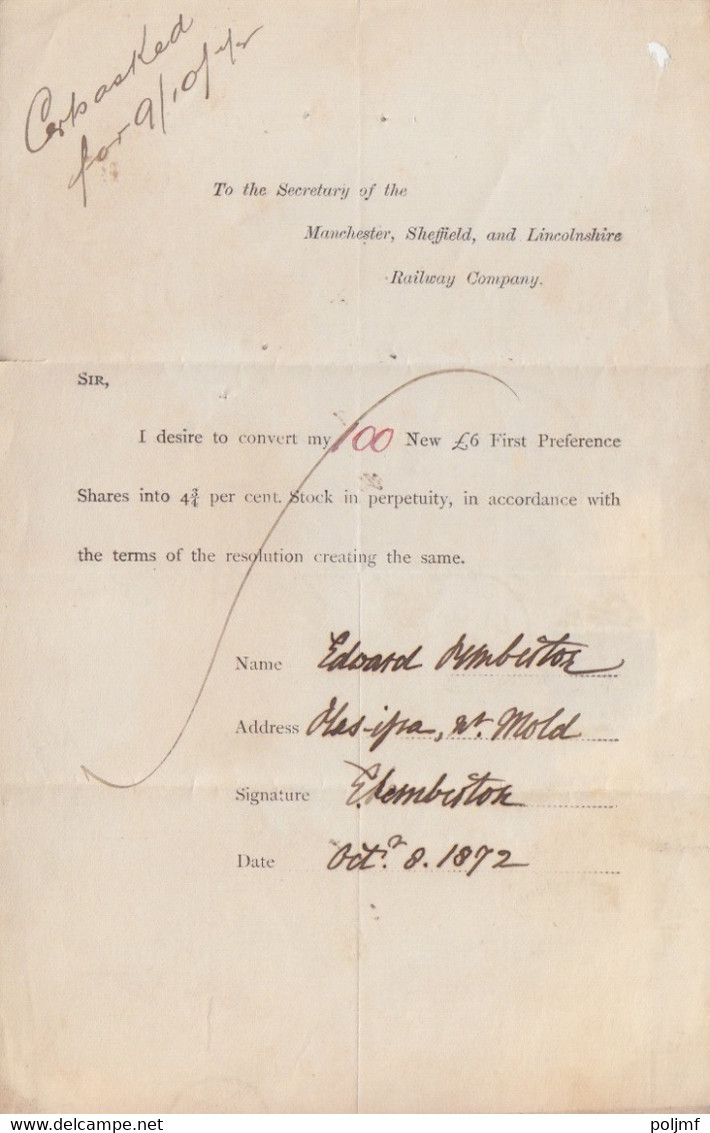 Lettre Pré-imprimée De La Railway Company Obl. Manchester Le 17 AU 72 Sur N° 49 1/2p Rouge-carminé - Brieven En Documenten