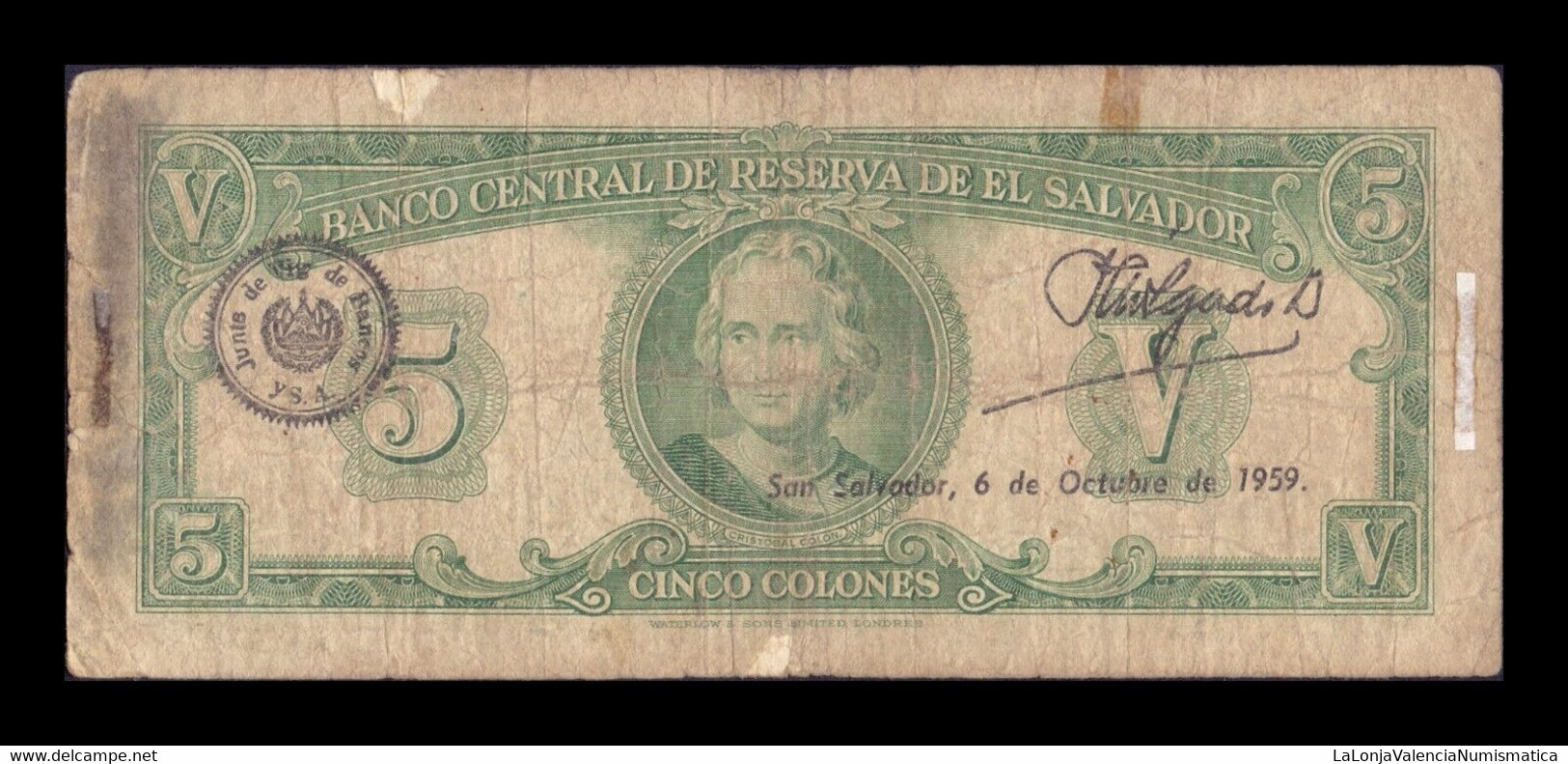 El Salvador 5 Colones 1957 Pick 92b BC F - El Salvador