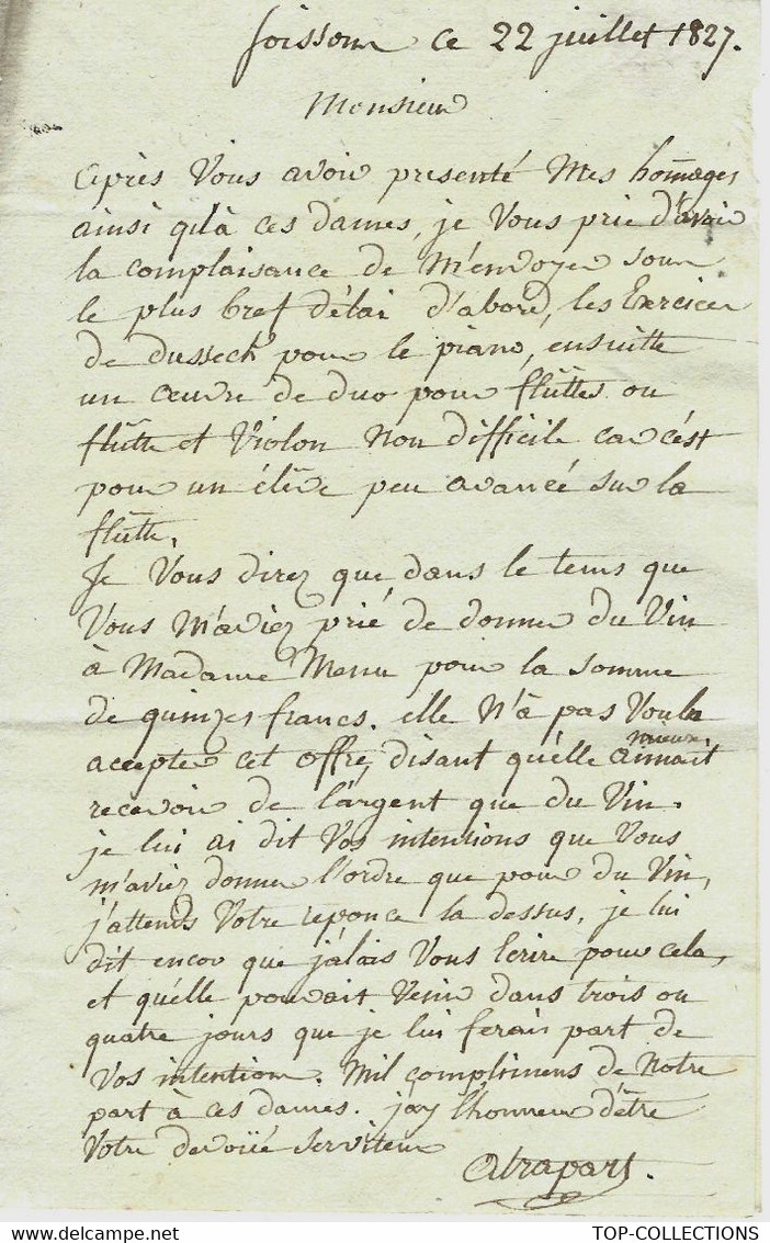 1827 Soissons AISNE Pour LEMOINE EDITEUR DE MUSIQUE  LETTRE Où IL EST QUESTION DE MUSIQUE ET DE VIN VOIR SCANS - 1800 – 1899