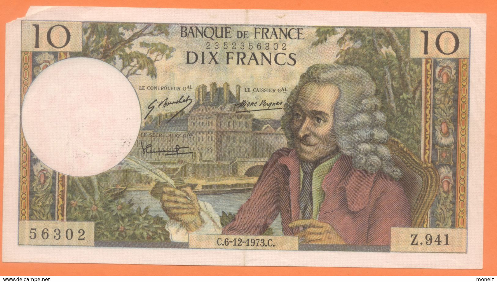 BILLET 10 FRANCS VOLTAIRE ANNEE 1973 SERIE Z 941 ETAT SUP SAUF COUPURE - 10 F 1963-1973 ''Voltaire''