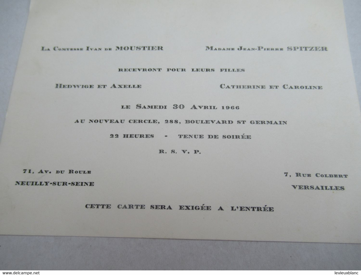 Invitation/ /Comtesse Yvan De Moustier-Mme Spitzer/au Nouveau Cercle/ Neuilly-Versailles /1966           INV23 - Autres & Non Classés