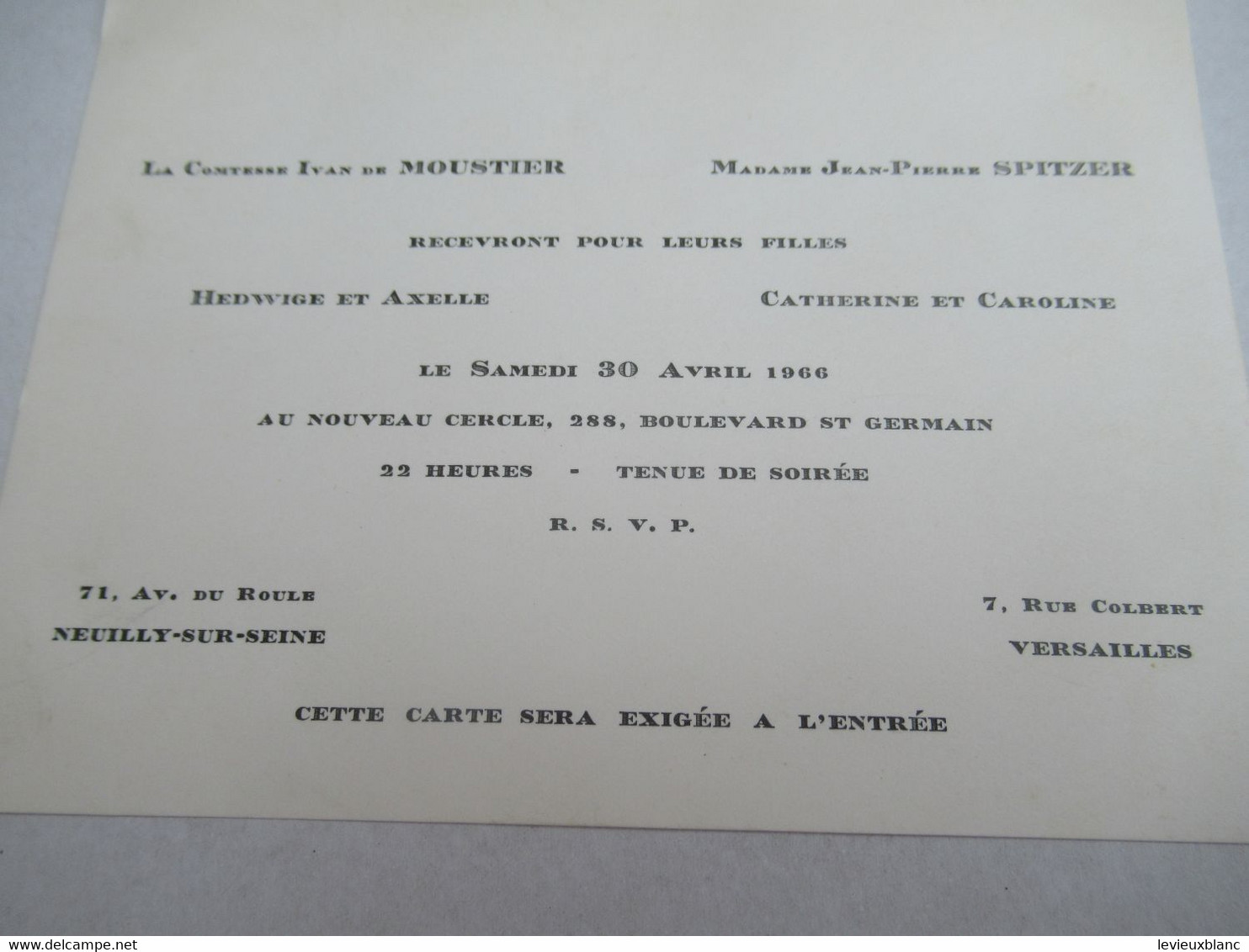 Invitation/ /Comtesse Yvan De Moustier-Mme Spitzer/au Nouveau Cercle/ Neuilly-Versailles /1966           INV23 - Altri & Non Classificati