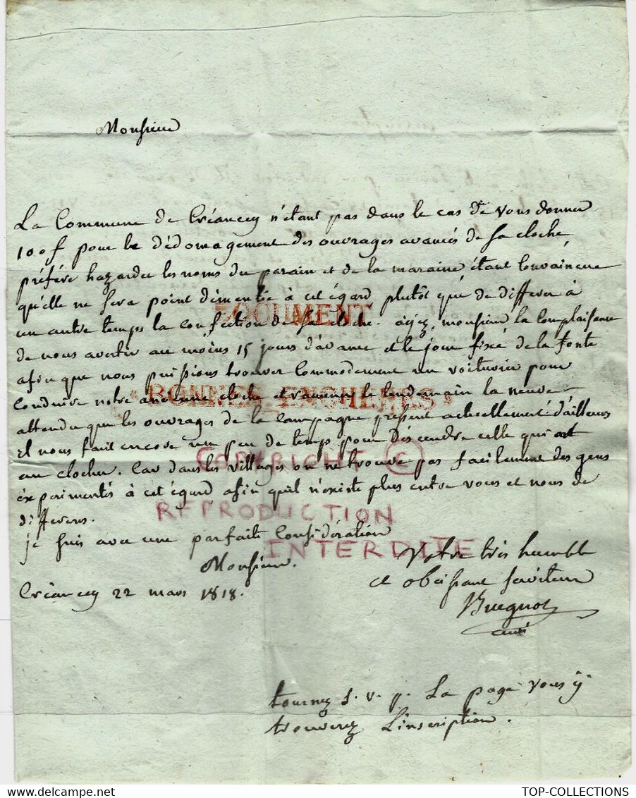 FONDEUR DE CLOCHES  1818 LETTRE Curé De Créancey Cote D’Or Au Fondeur De Cloches FONT FILS à DIJON  INSCRIPTION V. SCANS - 1801-1848: Précurseurs XIX