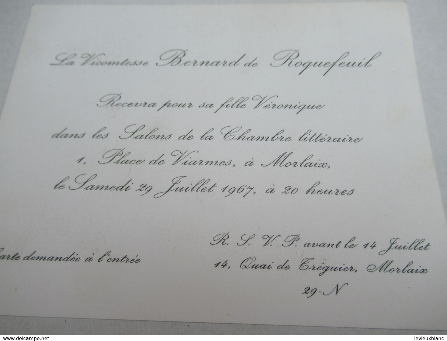 Invitation/ La Vicomtesse Bernard De ROQUEFEUILLE/Salons De La Chambre Littéraire/MORLAIX /1967           INV24 - Andere & Zonder Classificatie
