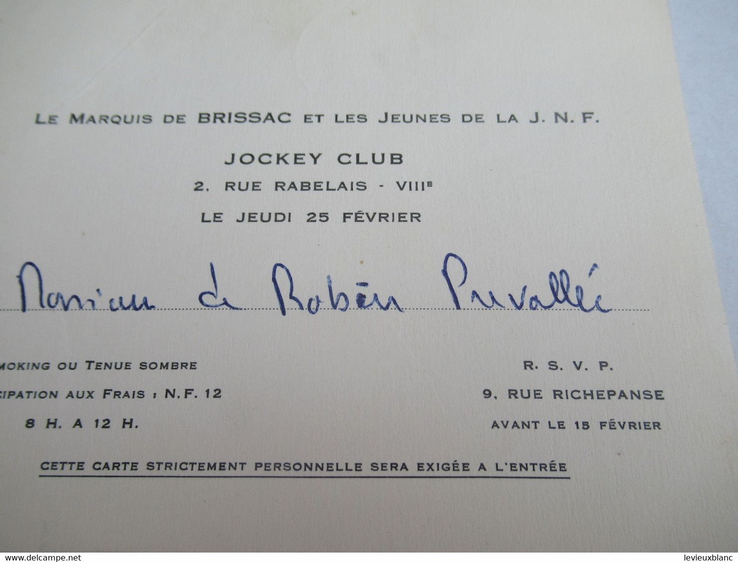 Invitation/ Le Marquis De BRISSAC Et Les Jeunes De La J.N.F./JOCKEY CLUB/Paris /Vers1966    INV22 - Autres & Non Classés