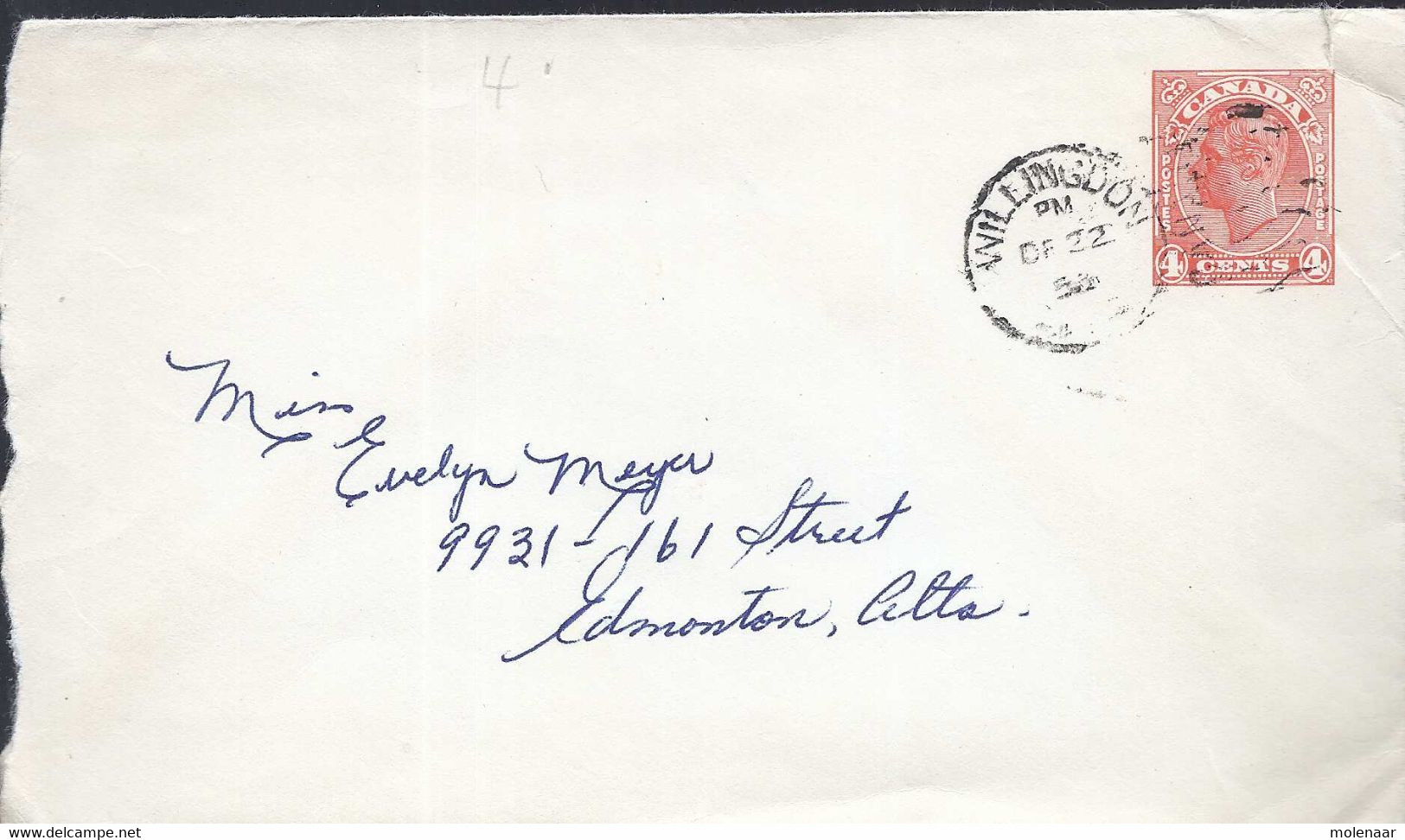 Canada Briefomslag 4 Cents Oranje Gebruikt (7360) - 1903-1954 De Koningen