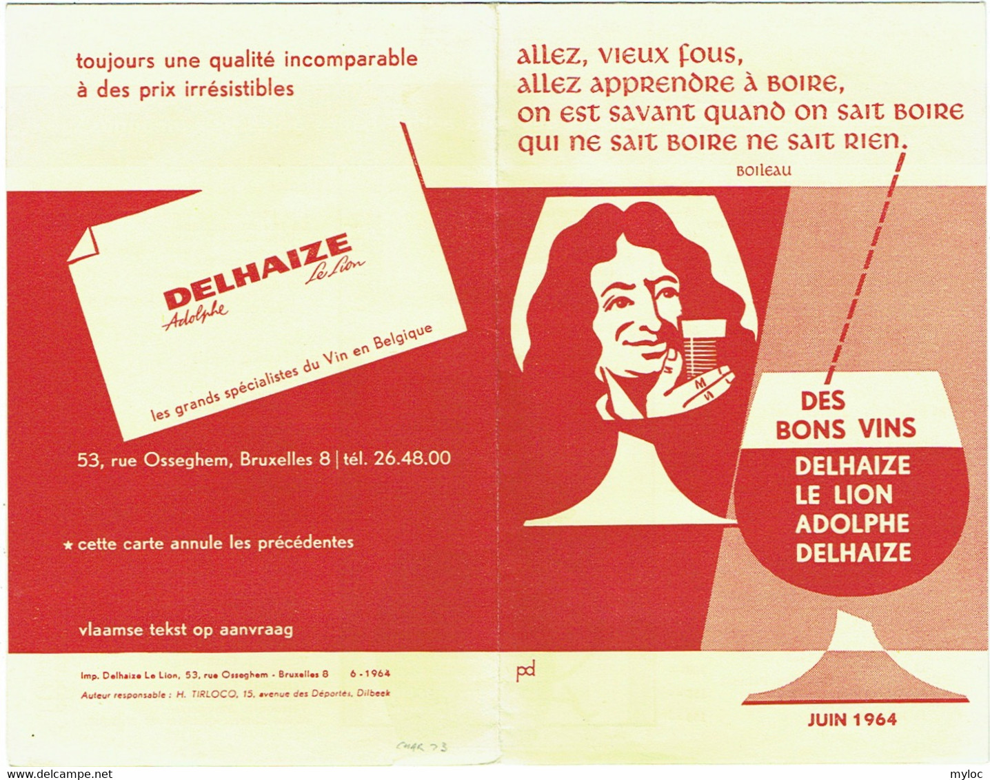 Publicité Delhaize, Le Lion. Tarif Des Vins Et Liqueurs De 1964. - Alcools