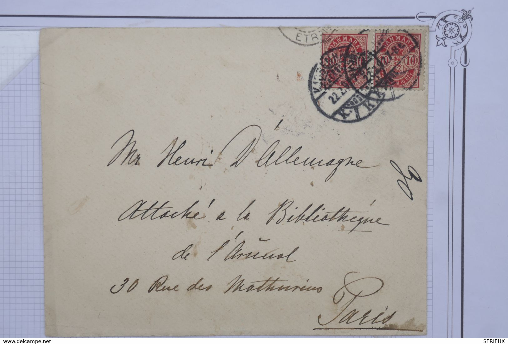 AW19 DANEMARK BELLE  LETTRE   1897  KOPENHAGUE    POUR PARIS FRANCE  ++PAIRE DE T.P ++AFFRANC. INTERESSANT - Briefe U. Dokumente