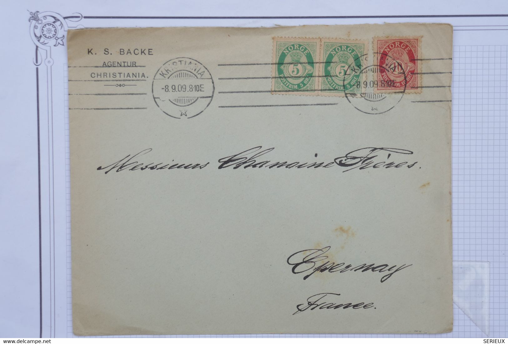 AW19 NORGE  BELLE  LETTRE   1909  KRISTIANA     POUR EPERNAY CHAMPAGNE  FRANCE  ++PAIRE DE T.P ++AFFRANC. INTERESSANT - Lettres & Documents