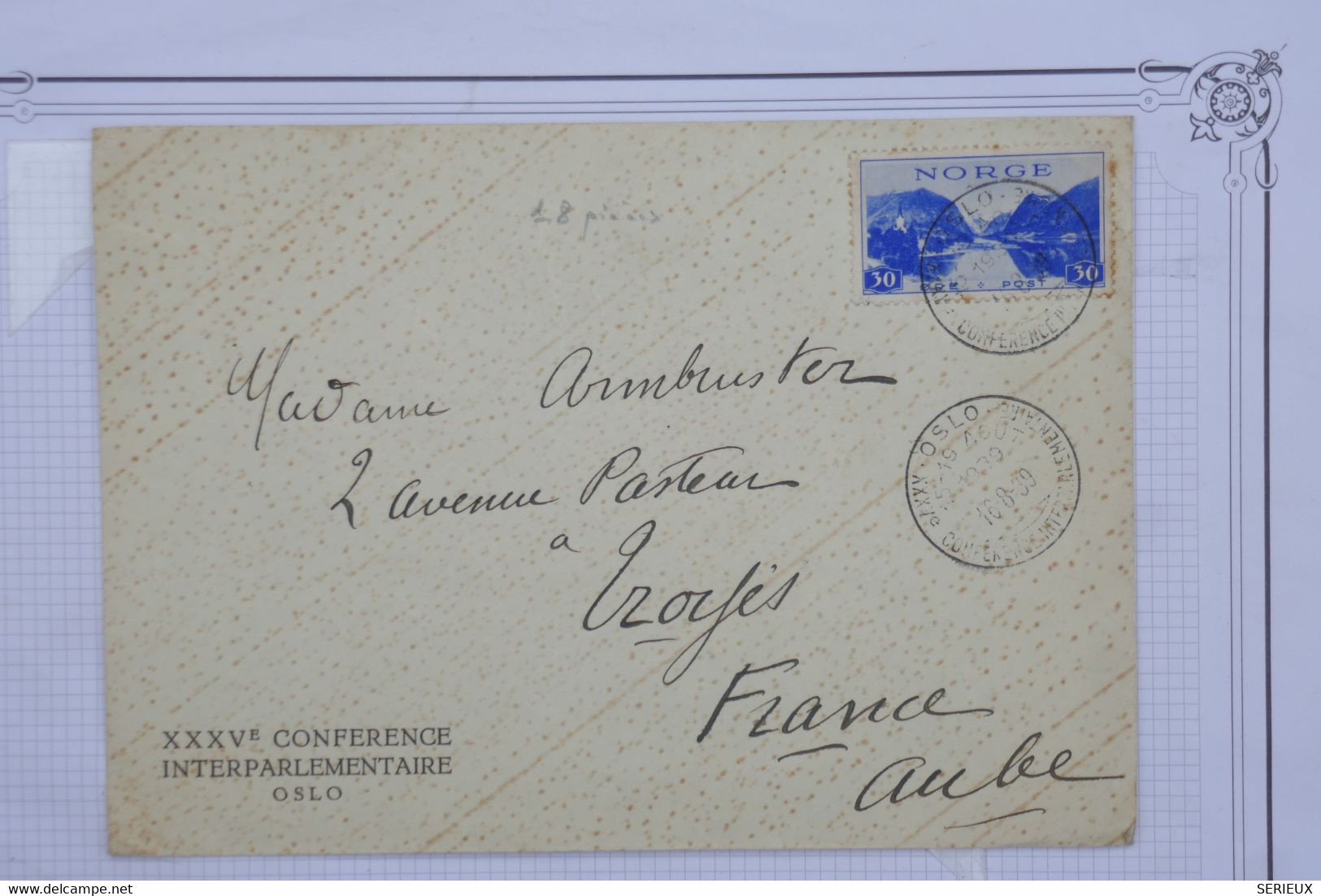 AW19 NORGE  BELLE  LETTRE   1939  CONFE. OSLO    POUR TROYES  CHAMPAGNE  FRANCE  ++PAIRE DE T.P ++AFFRANC. INTERESSANT - Covers & Documents